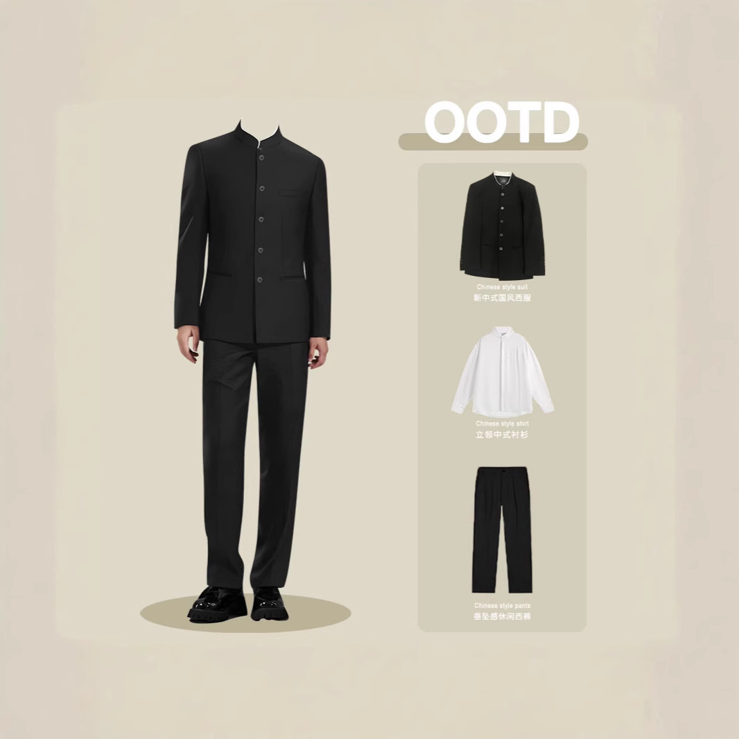 Men's Slim-Fit Chinese-Style Suit with Stand Collar, Three-Piece Set, Traditional Groom's Casual Tang Suit, Black Suit