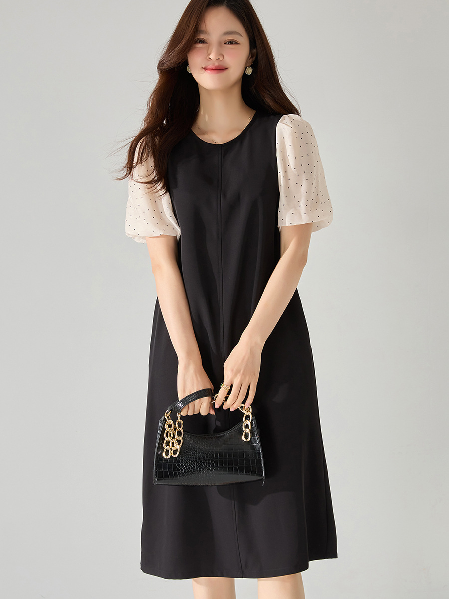 Clearance New Black Long Dress with a Commuter Style, High-Waisted Polka Dot Patchwork Design, Short-Sleeved Straight Dress for Women 22222
