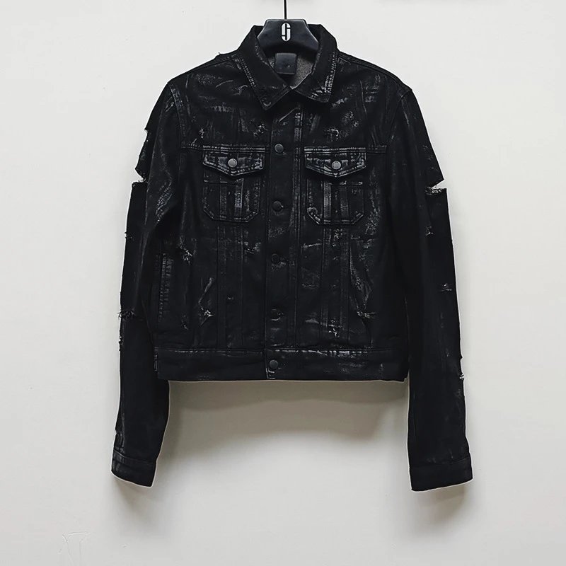 D Black Brush Wax 04ss hedi homme style lapel handmade tear damage denim jacket coat Foto QC de WEIDIAN na Qualit.ly
