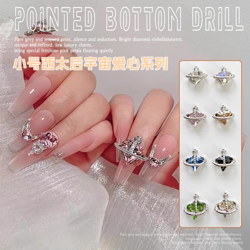 Trendy Western Empress Nail Art Alloy Jewelry New Three-Dimensional Crooked Peach Heart Inlaid with Diamonds Retro Nail Accessories Wholesale