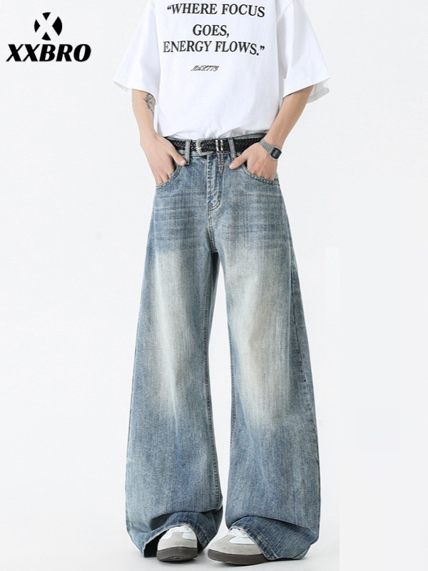Muxi Clothing # Spring and Autumn American-Style Trendy Brand Bamboo Texture Jeans, Washed Cleanfit Curved Pants, Men's Wide-Leg Pants.