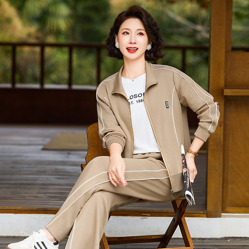 Mom's Spring Fashion Suit 2005 New Middle-Aged and Elderly Women's Casual Cardigan Zipper Jacket Sportswear Two-Piece Set