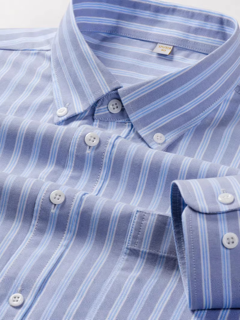 All-Cotton Oxford Long-Sleeve Shirt with Vertical Stripes, Stylish and Versatile, Button-Down Collar, Quality Men's Top, Pure Cotton Men's Shirt