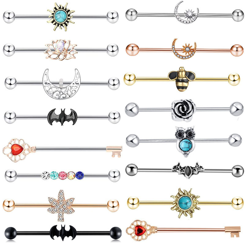 Europe and the United States cross-border industrial barbell earrings 14g external thread puncture jewelry ear bridge double ear hole straight zircon earrings