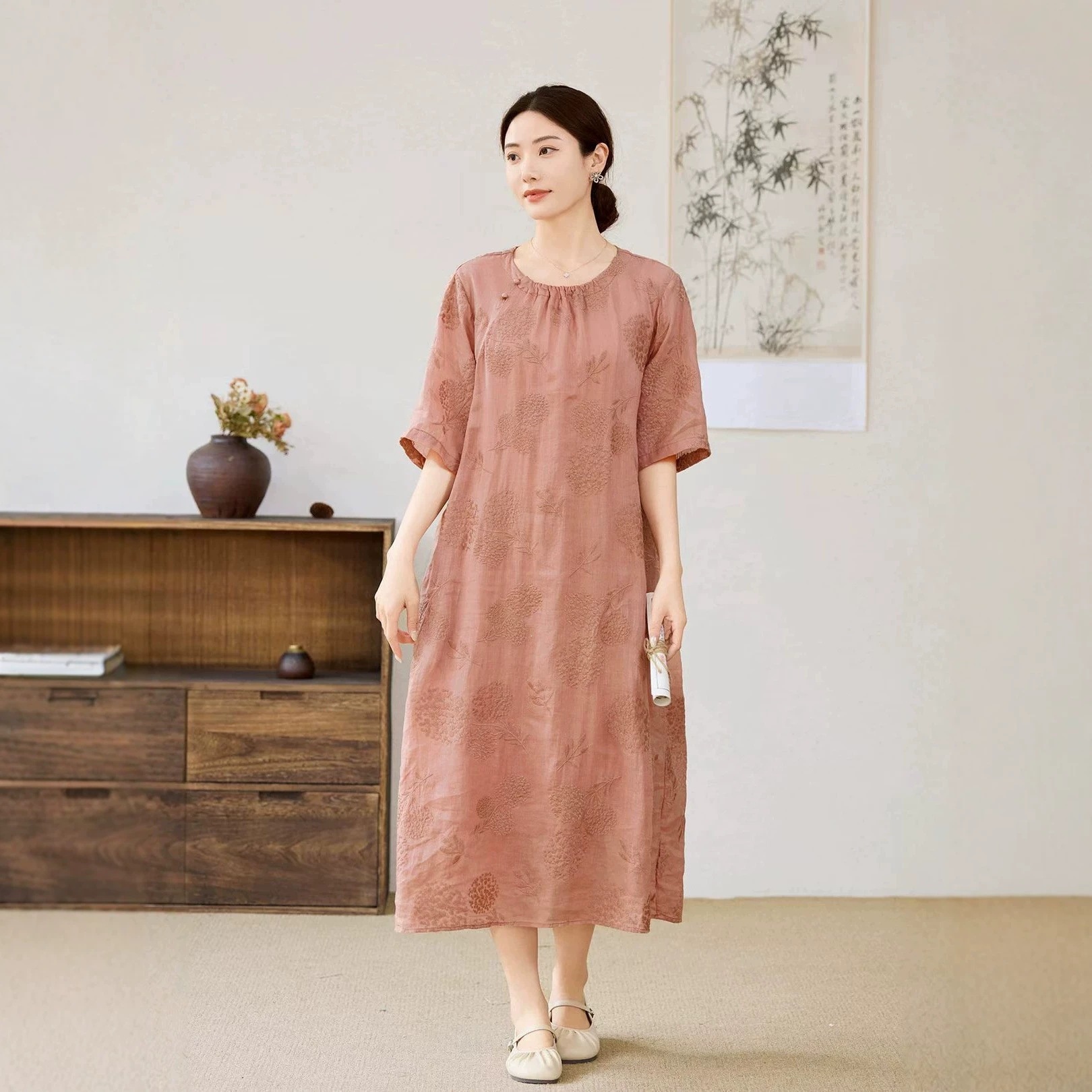 2026 Summer National Style High-End Dress, New Summer National Style Ramie Embroidered Round Neck A-Line Long Dress