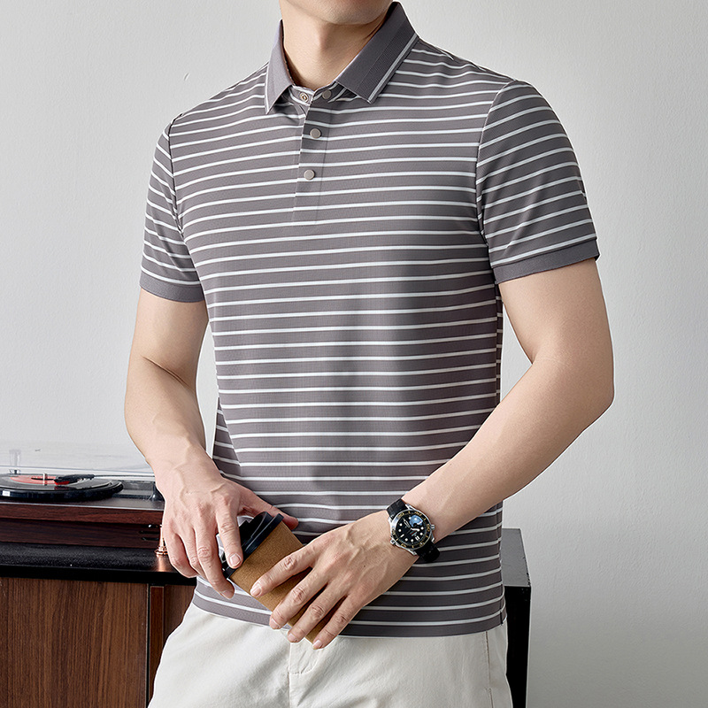 Brand Men's Short-Sleeved Polo Shirt 2026 Summer New High-End Striped Middle-Aged Dad's Top Non-Iron T-Shirt
