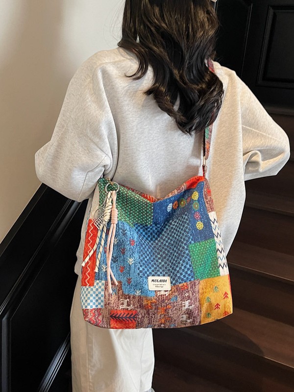 Cross-border Ethnic Style Splicing Contrast Color Cloth Bag 2025 New Spring and Summer Large Capacity Texture Casual Crossbody Shoulder Bag