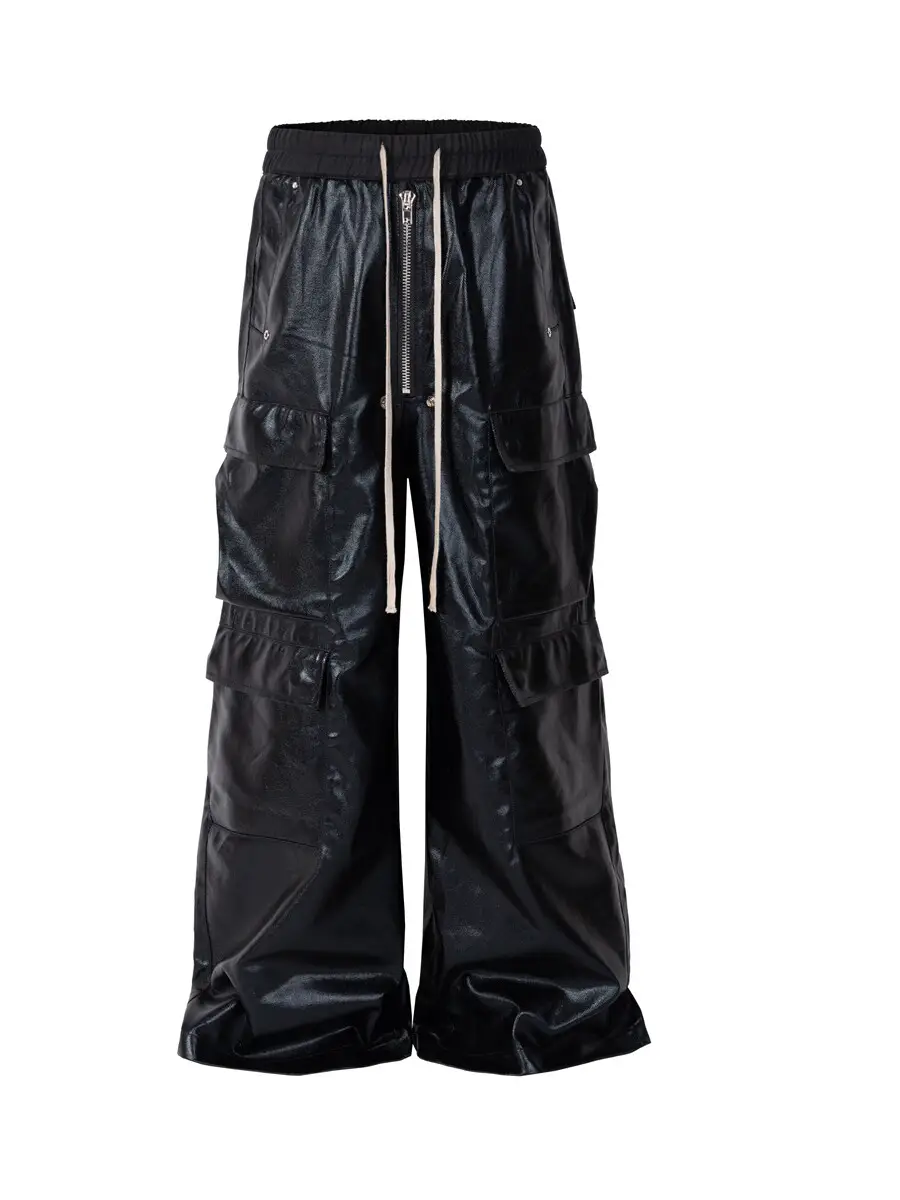 Dark Street Ro Style Coated Glossy Multi-Pocket Workwear Straight-Leg Casual Drawstring Loose Wide-Leg Floor-Length Pants for Men