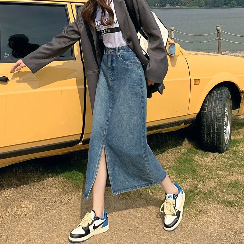 High Waist Split Denim Skirt Women's 2023 New Summer Mid-length Hip Covering a-figure Small Hip Skirt