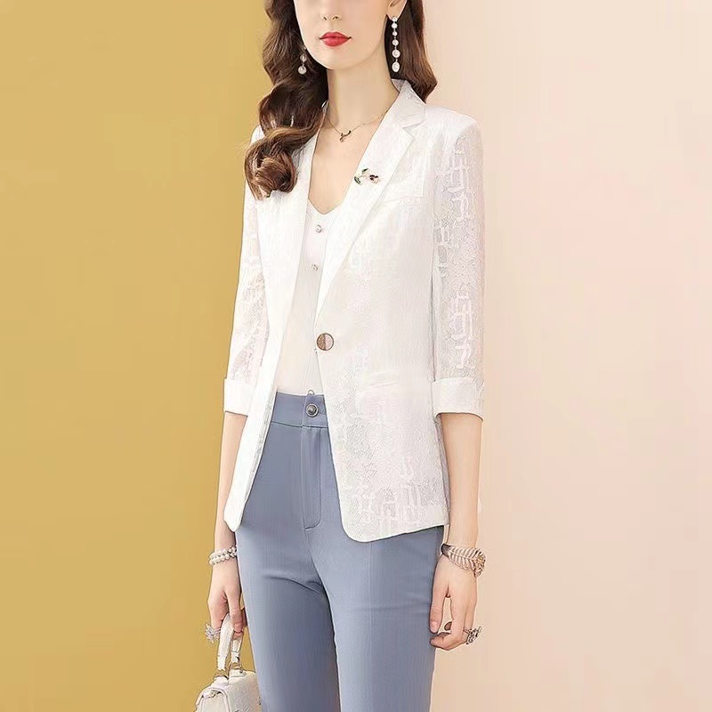2026 Solid Color Patchwork Lace Blazer Plus Size New Fashion Three-Quarter Sleeve Elegant Slim Fit Versatile Top for Women