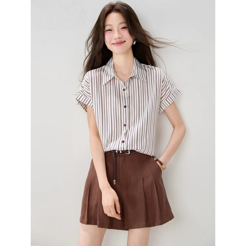 Korean Style Retro Striped Polo Collar Shirt for Women, Summer 2026 New Loose Versatile Short-Sleeve Top