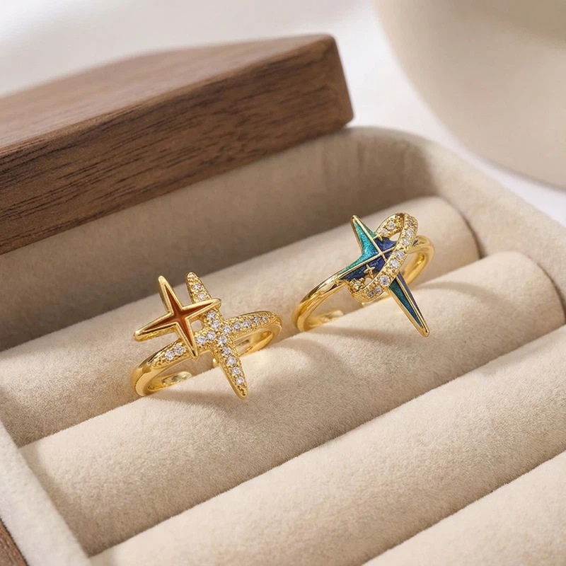 Niche High-End Enamel Starburst Cosmic Ring Open Ring Vintage Sweet Cool Light Luxury Zircon Stackable Ring for Women
