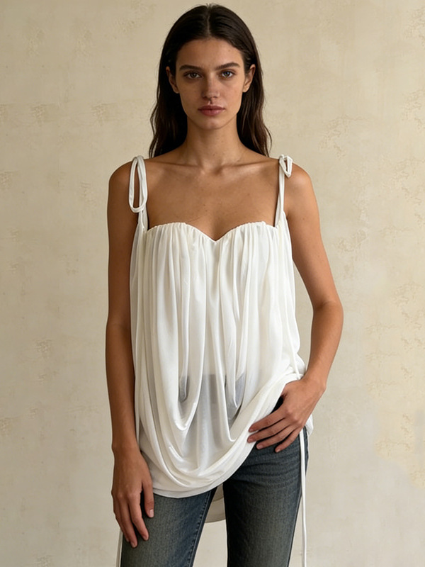 European and American Cross-Border Vacation Style Tops for Women 2026 Spring New Fashion Pleated Slim-Fit Design Solid Color Camisole