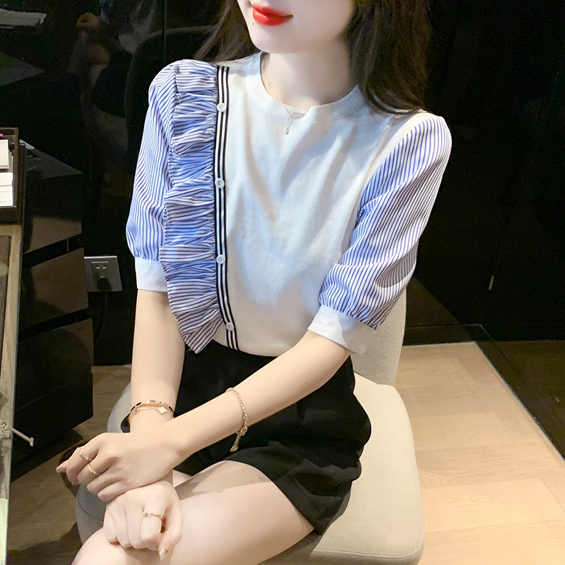 Vintage Blue Striped Ruffle Stitching Shirt Women's Short-sleeved Summer Design Sense Niche Puff Sleeve Chic Top