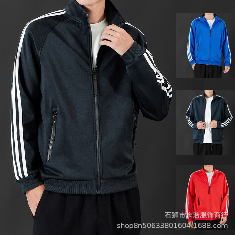 Spring and Autumn Sports Jacket Men's Stand Collar Thin Three-Stripe Cardigan Jacket Trendy Slim Sweatshirt Men's Large Size Export