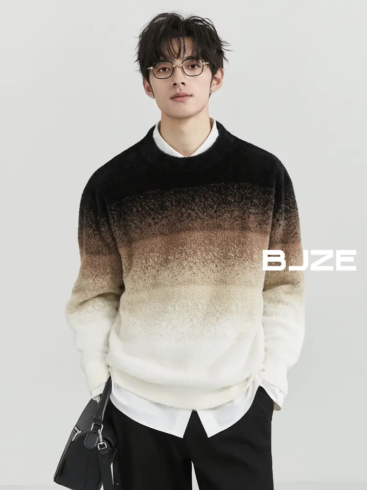 Bjze Men's Clothing 24Th Fall and winter New arrival Classy Imitation Mink Retro Gradient Sweater K-style pullover Round Neck Knitwear
