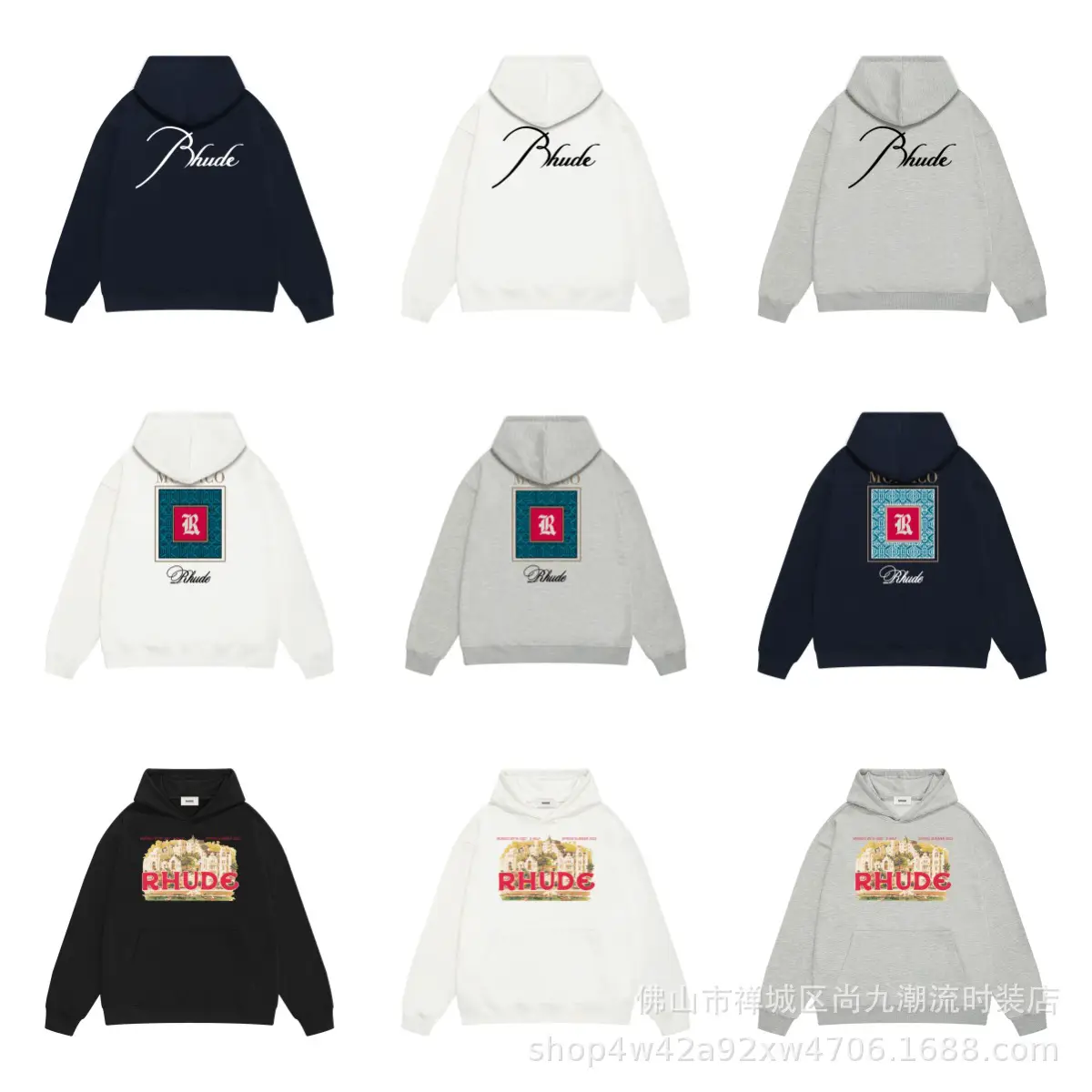 Cross-border RHUDE Autumn and Winter New Meichao High Street Classic Printed Letters Men's and Women's Heavy Loose Sweatshirt Lining