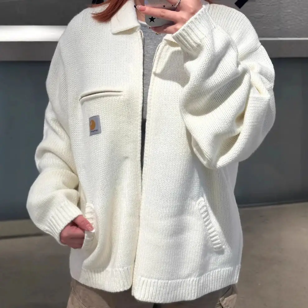 Polo collar casual basic versatile heavyweight zipper sweater jacket for both men and women