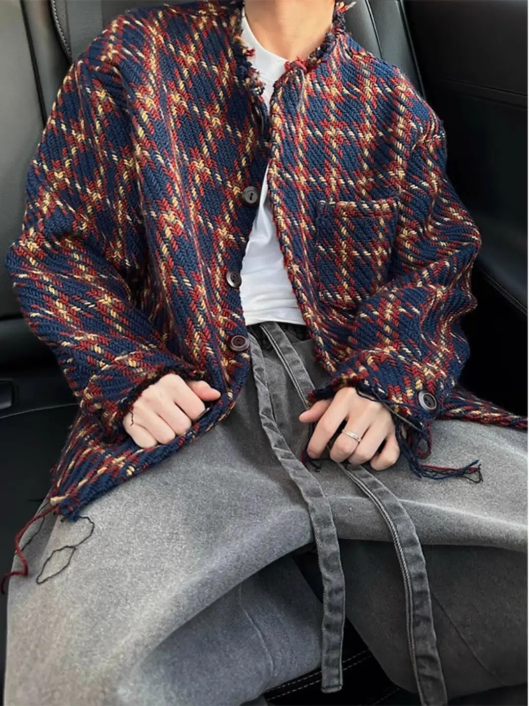 Tweed Style Braided Raw Edge Wool Material Cardigan Outwear Men's Style Trendy Stylish American retro Short collarless jacket