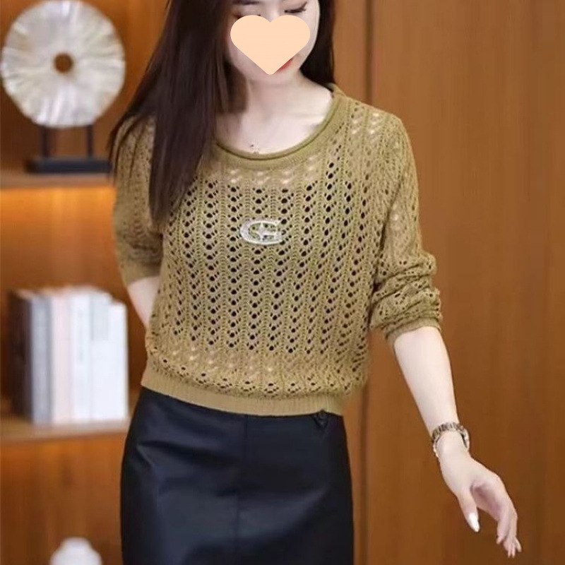 Hollow-Out Knit Sweater for Women, Long-Sleeve, 2026 Spring/Summer New Fashion, Stylish and Elegant, Slim-Fit Base Shirt, Loose and Age-Reducing Top