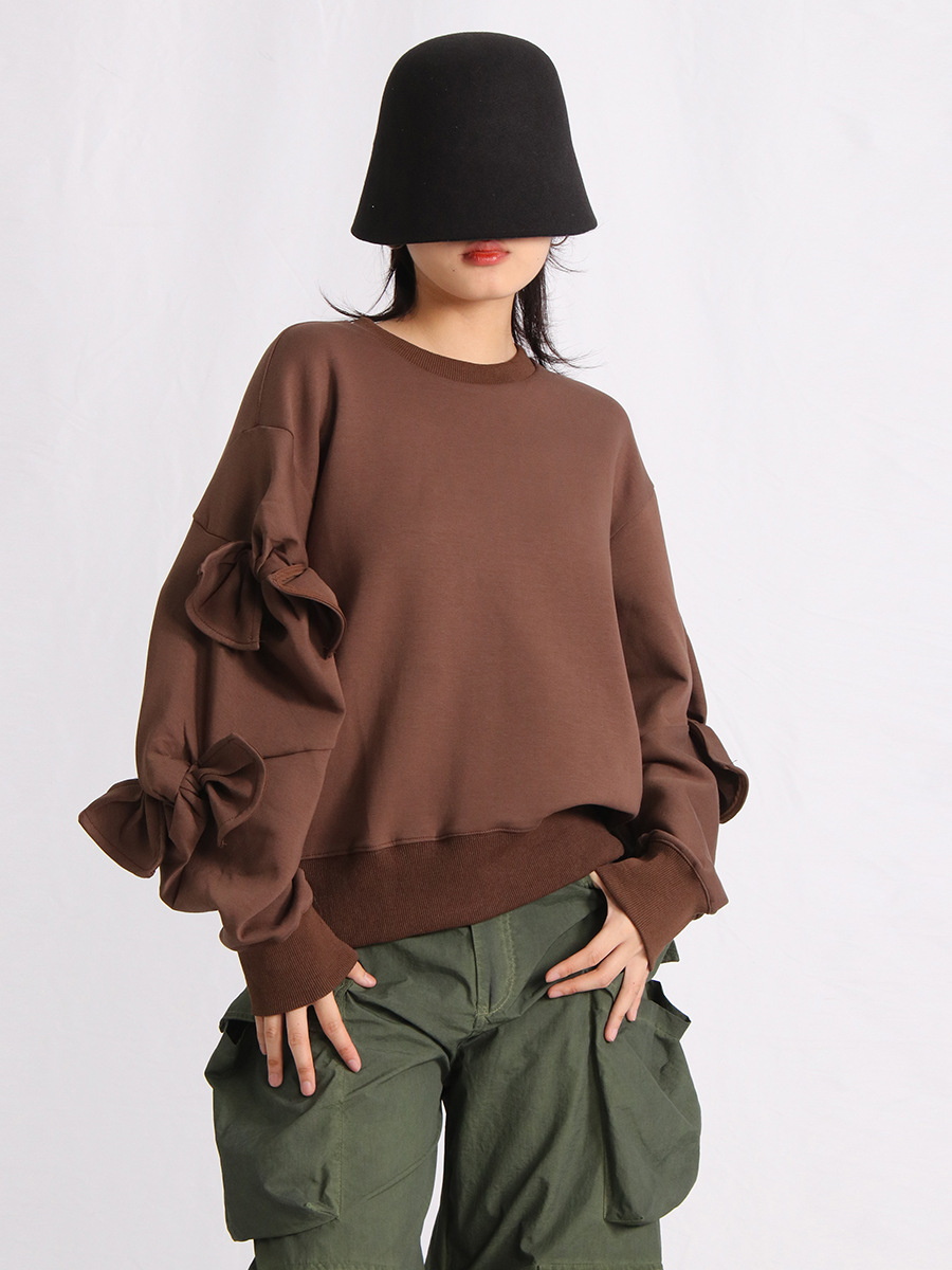 2026 Spring New Fashion Versatile Round Neck Pullover Pleated Bow Tie Design Thin Sweatshirt for Women