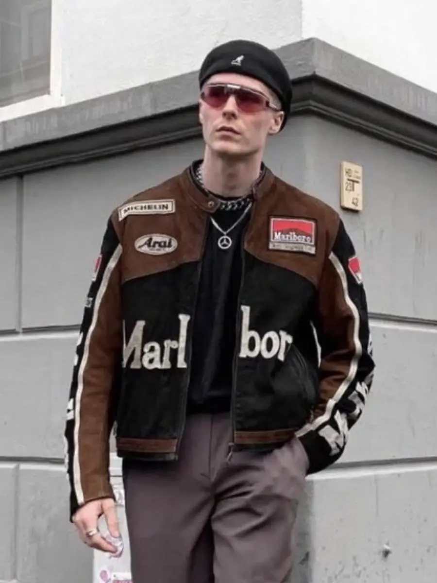 Vintage Marlboro American Retro Machine Embroidery Leather Racing Motorcycle Clothing Jacket Couple Coat