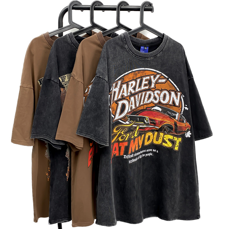 Extra Large size American cotton vintage washed distressed short-sleeved T-shirt men's and women's fashion brand hip hop oversize top summer