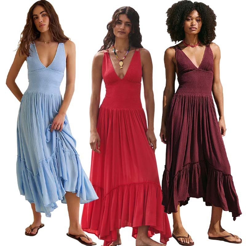 461 European and American Foreign Trade New Solid Color Sling V-Mouth High Waist Irregular Ruffled Large Skirt Women's dress