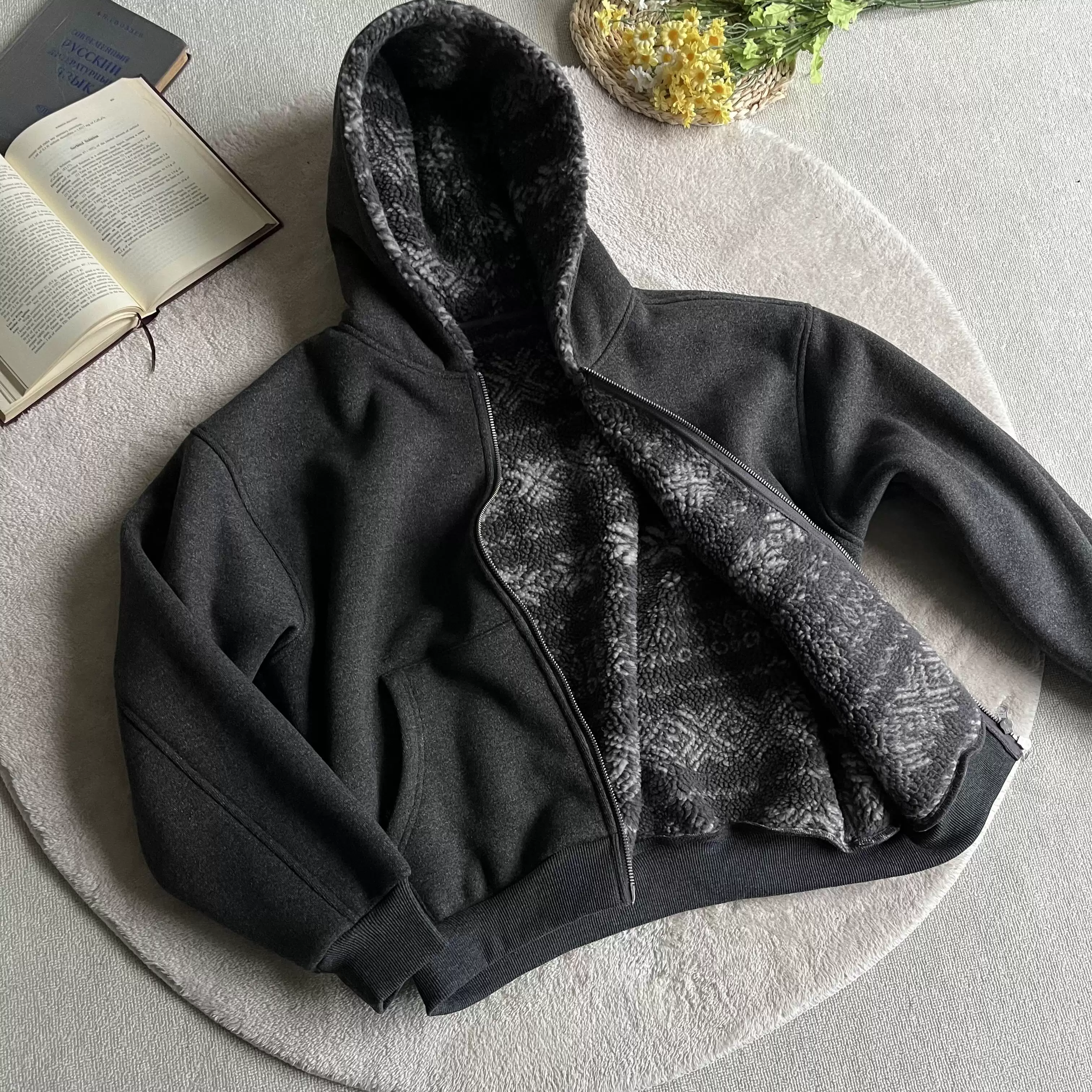 Xanvas Double sided Heavy Weight 900g Fel Island Lamb Fleece Yarn Grey Hoodie Sweatshirt Jacket Warm Commuter