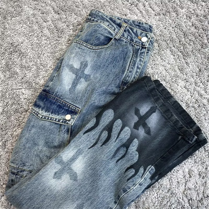 Cross Full Print Large Pocket Tooling Jeans American Style European and American Style Street Pants Ins High Street Fashion Brand Straight Pants