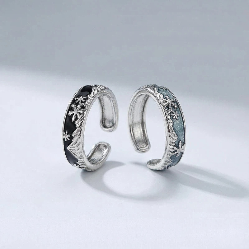 Winter Vintage Forest Style Ins Minimalist Snowflake Black and Blue Enamel Oil-Drip Open Ring Niche Stackable Ring for Women