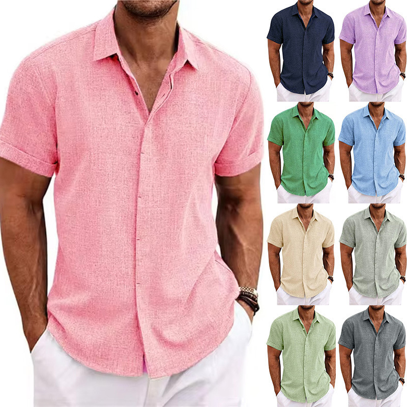 Men's Linen Short-Sleeved T-Shirt, Loose Sweatshirt, Solid Color Short-Sleeved Cotton-Linen Shirt, Men's Beach Plus-Size Short-Sleeved Shirt