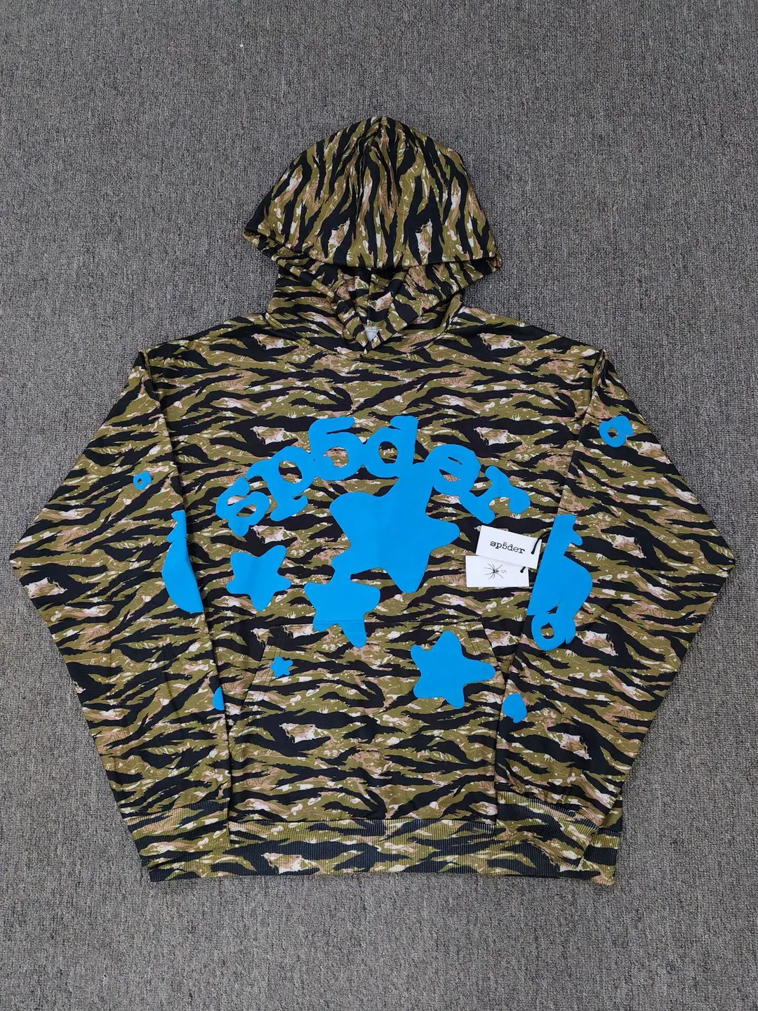 European and American trendy hoodie 555555 retro camouflage blue star foam casual top Sp5der sweatshirt shorts for men