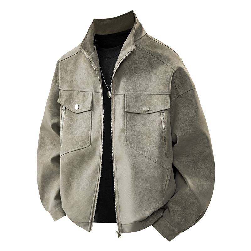 Autumn and Winter New Style Stand-Up Collar Heavy-Duty Motorcycle Leather Jacket for Young and Middle-Aged Men, Zip-Up Casual Windproof Coat