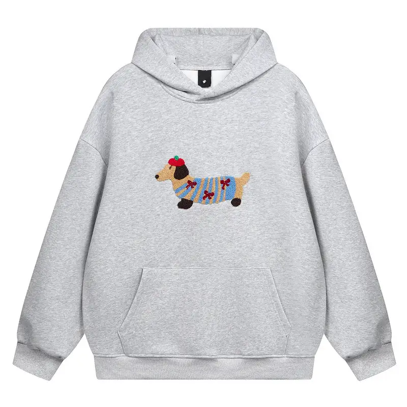 Cross-Border Qilin Furry Dachshund Towel Print National Trend Fun Hooded Autumn and Winter Sweatshirt Loose Couple Gray