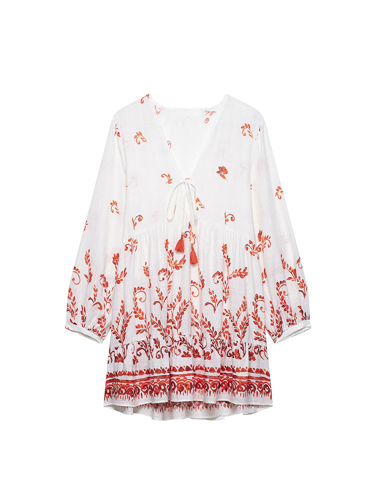 2025 Spring and Summer New Women's Clothing, Fashionable, Casual, Loose, Printed Long-Sleeved V Neck Lace-Up Mini Dress