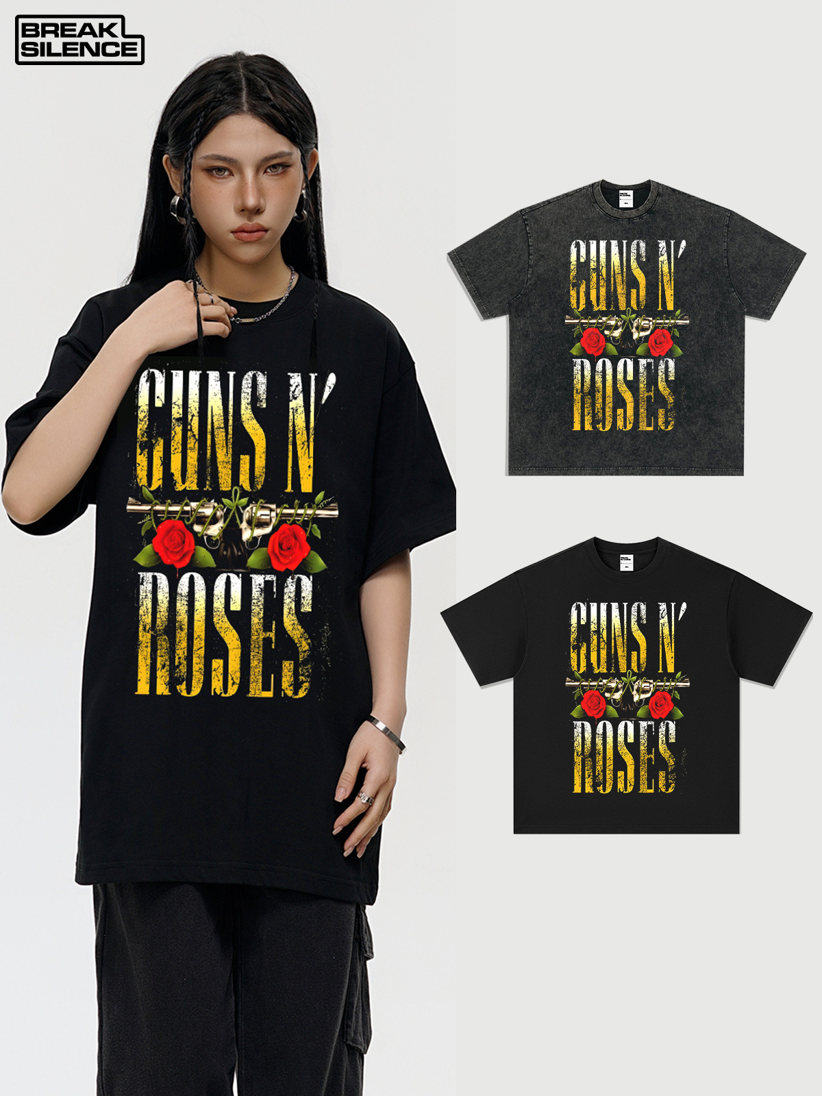 Cross-border New Arrival Gun Flower Rock Band American Style Retro Short-sleeved T-shirt Men's Summer Printed Men's Half-sleeved T-shirt Trendy