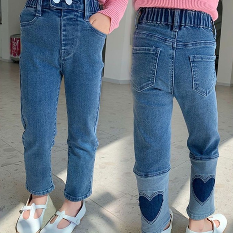 Spring and Autumn Girls' Jeans, Stylish Children's Trendy Brand Korean-Style Patchwork Heart Patch Slim-Fit Long Pants
