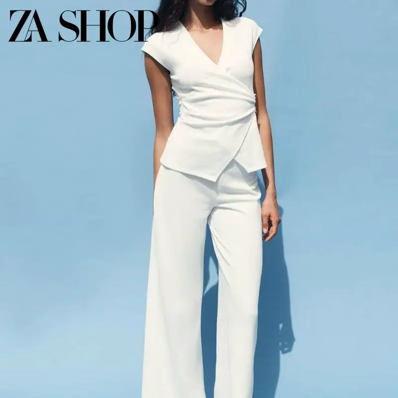 25 Summer Women's Clothing Pin-Decorated Textured Sleeveless Double-Breasted V-Neck Top Wide-Leg Long Pants 3644178 3644177