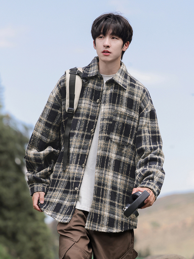 American-Style Heavyweight Classic Lapel Long-Sleeve Shirt for Men, New Spring Color-Blocked Plaid Patch Pocket Design Shirt Jacket Q