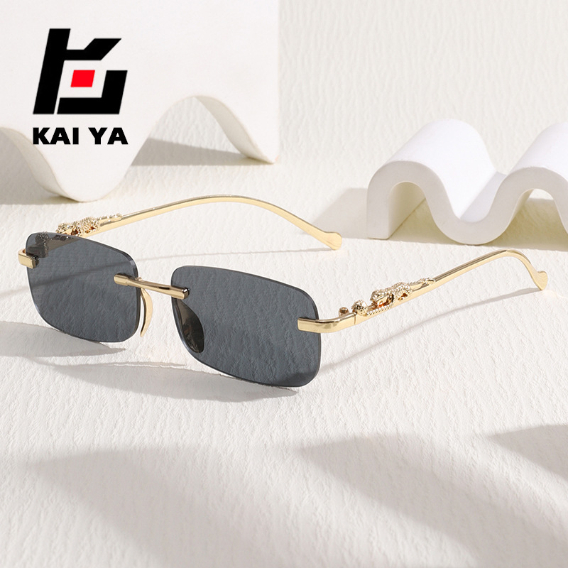 Frameless Metal Men's Sunglasses with Unique Cheetah Decoration, Cut-Edge Sunglasses for Women, Cross-Border Uv Protection Sunglasses