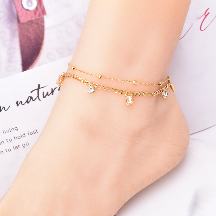 Fashion Niche Design Square Color Zircon Anklet Beach Anklet Color-retaining Titanium Steel Double-layer Jewelry Girl Gift