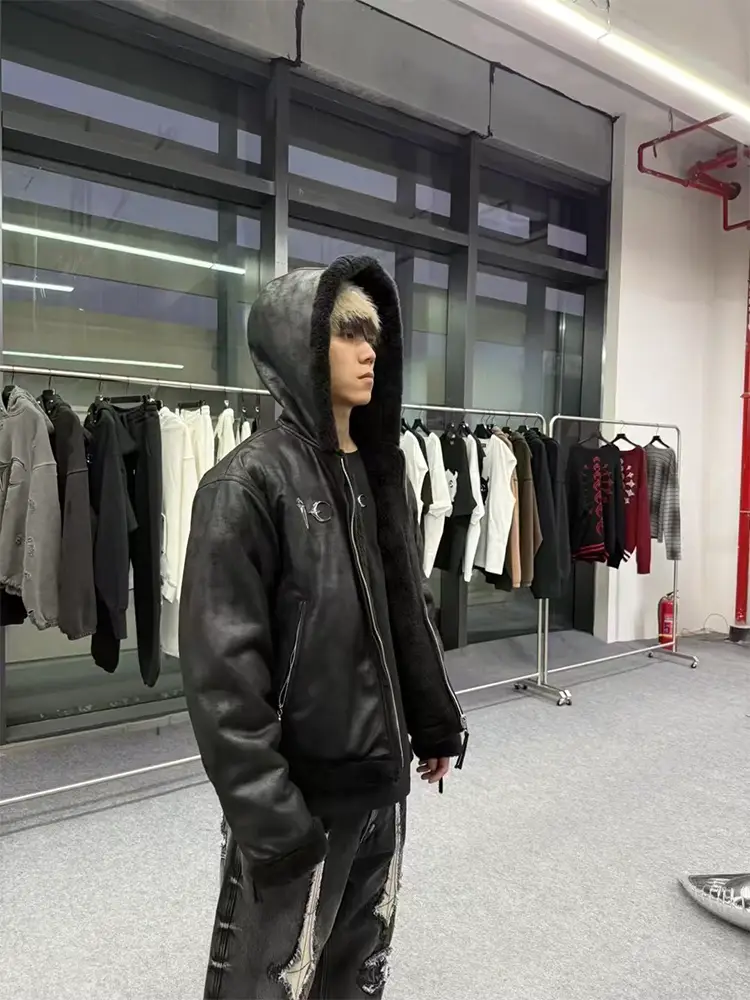 Thug Club Reversible Distressed Fleece Leather Jacket Plush Hooded Zipper Jacket Fur Coat Unisex Trendy