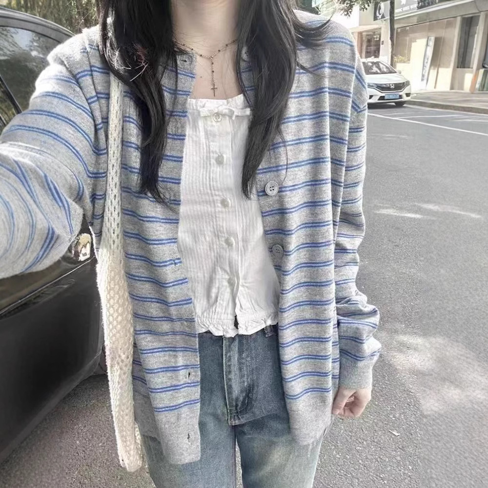 Brandy BM new blue striped single breasted knitted cardigan long sleeve top bm all-match sweater coat women