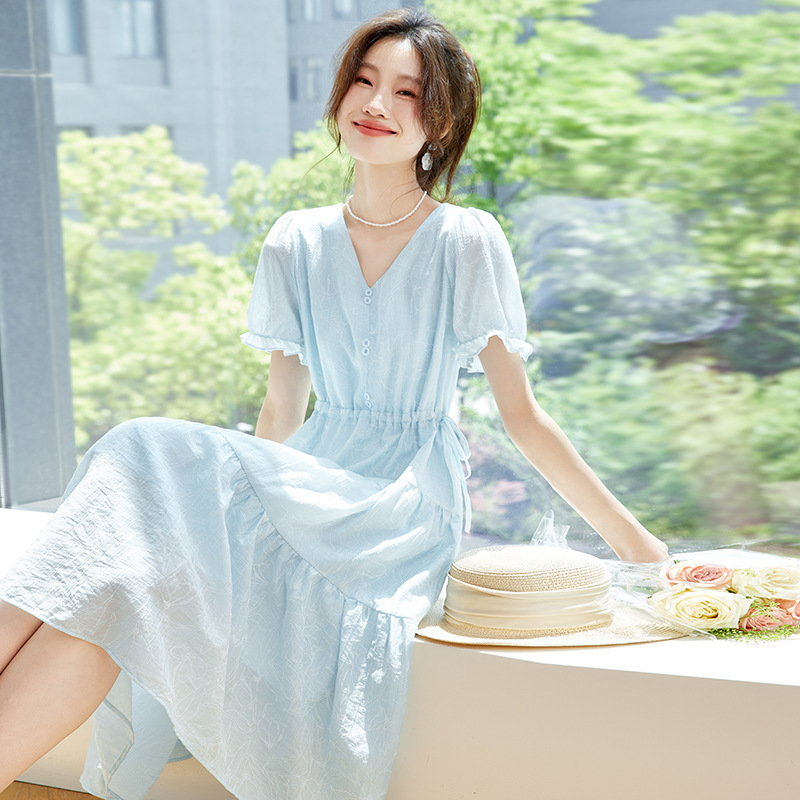 2025 Summer New Puff Sleeve V-neck Skirt Small Solid Color Long Dress French dress Tencel Women's Clothing