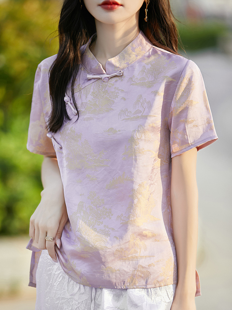 New Chinese Style National Style Short-sleeved Shirt Women's T-shirt Jacquard Summer New Silk Satin Vertical Collar Buckle Top