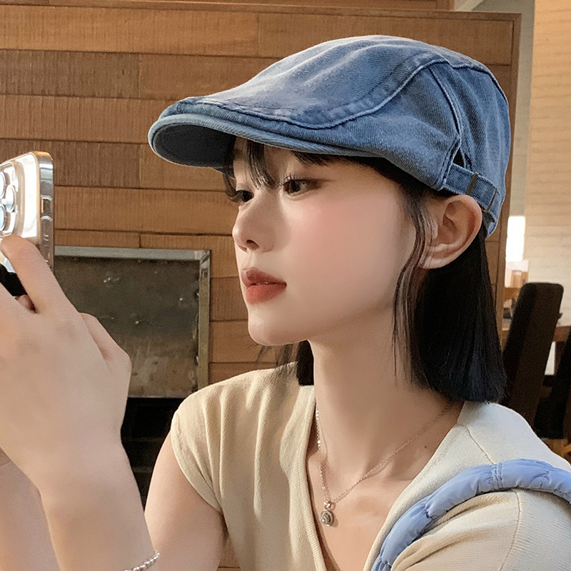 New Spring and Autumn Retro Washed Denim Blue Forward Cap Korean Style Beret Women's Versatile Face-Showing Newsboy Cap