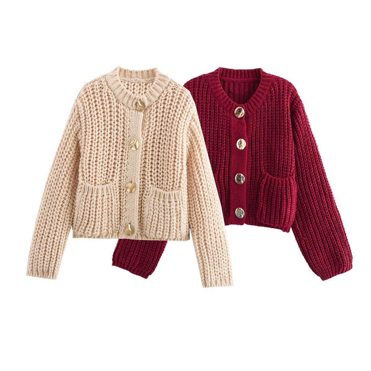 Cross-Border Autumn and Winter New European and American Style Women's Thick-Knit Pocket Design Buttoned Sweater Long-Sleeve Solid Color Sweater Coat