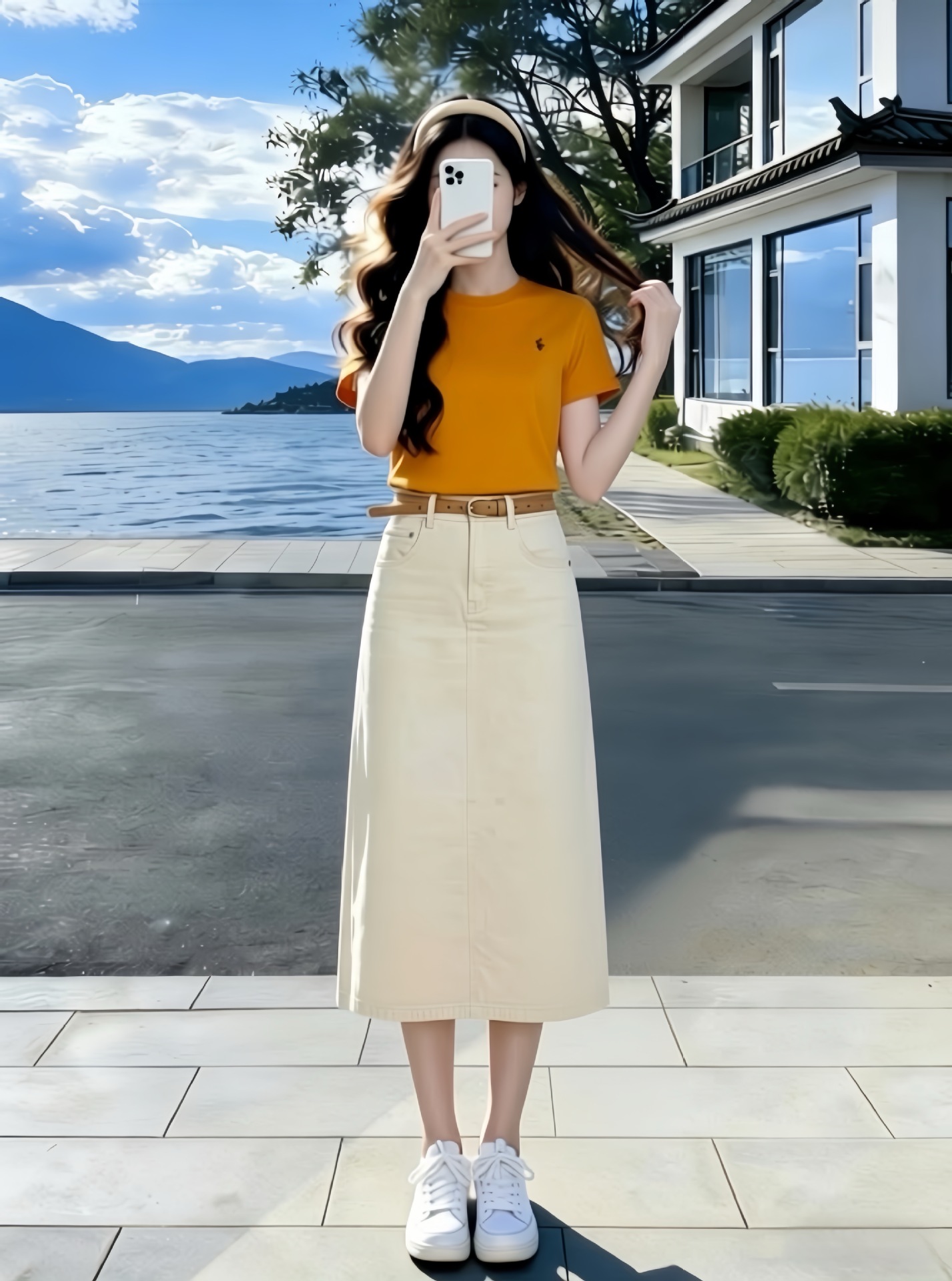 Summer New Women's Outfit Korean Style Casual Short-Sleeve T-Shirt and Denim Skirt Versatile Slimming Slit Skirt Two-Piece Set