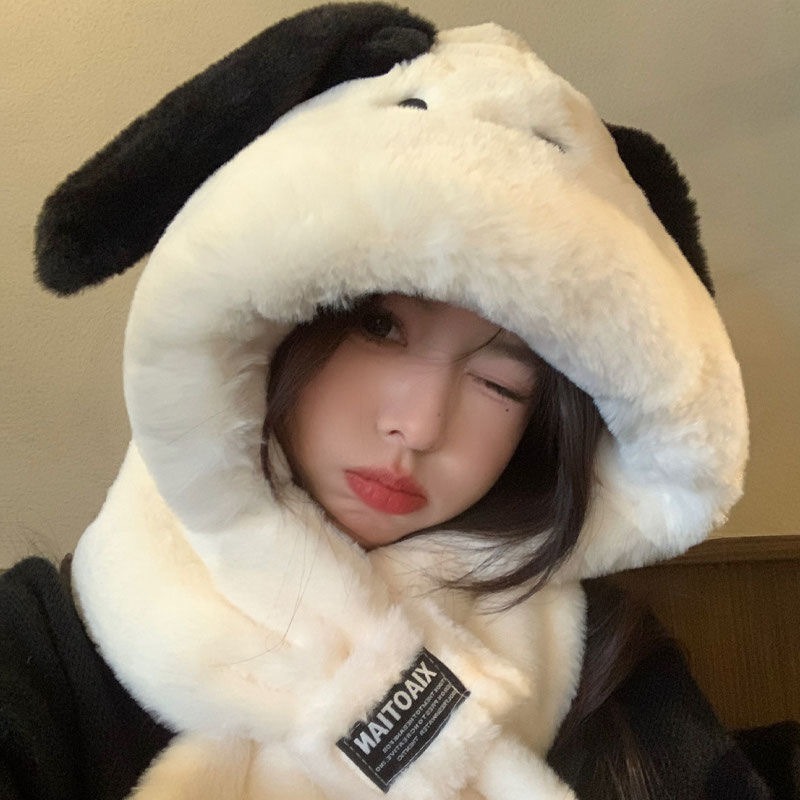 Autumn and winter women's cute puppy ears plush hat scarf conjoined hat thickened warm winter autumn and winter bear hat
